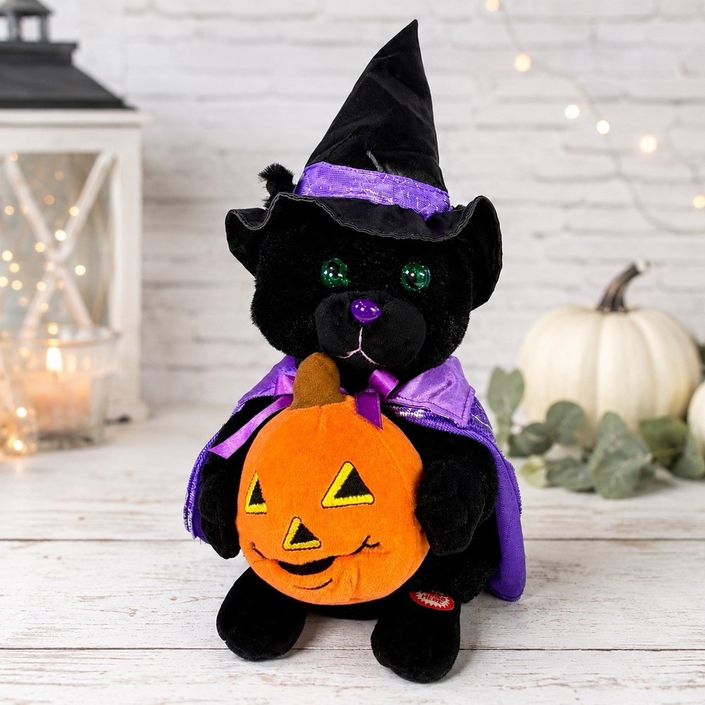 Halloween Animated Singing Dancing Black Cat Witch Plush Light Up Eyes Cute 14"